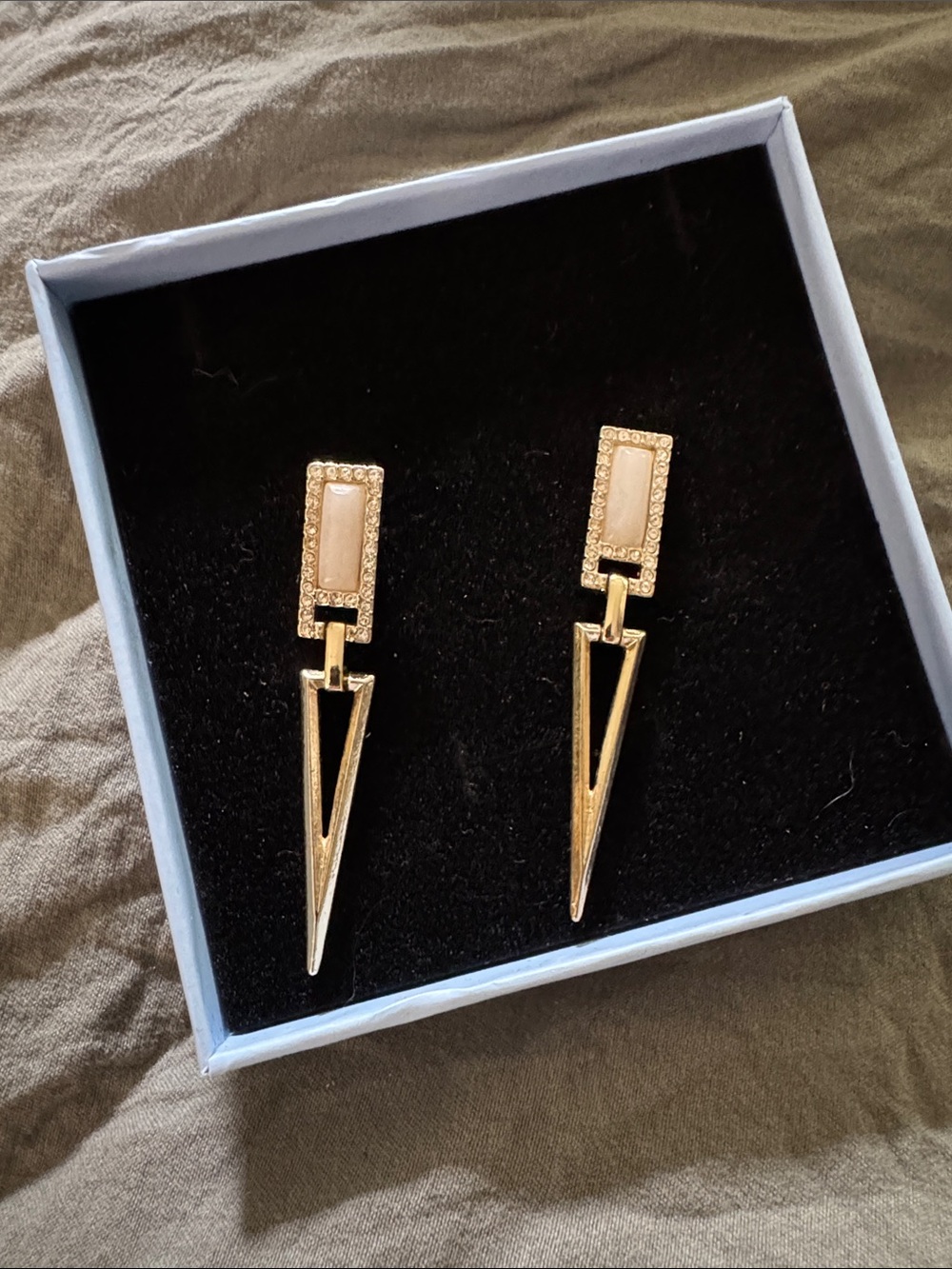 Gold Drop Earrings with Cream Inlay and Geometric Spear